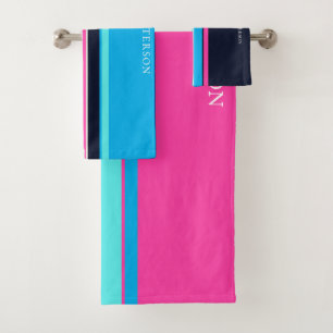 Pretty Blue & Hot Pink Line Style Personalised Bath Towel Set