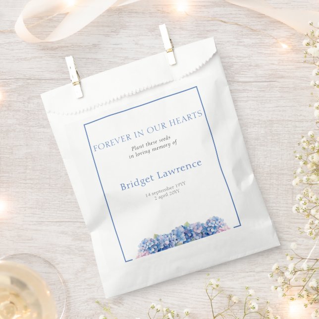 Pretty blue hydrangea funeral seed packet favour bag (Clipped)