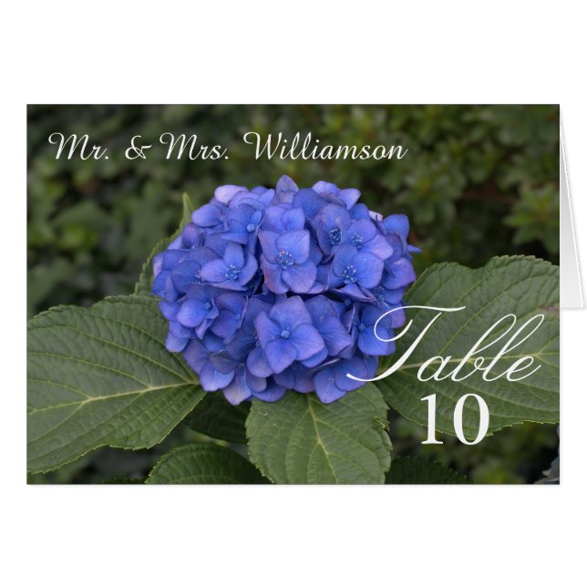 Pretty Blue Hydrangea Wedding Table Tent Cards (Front Horizontal)