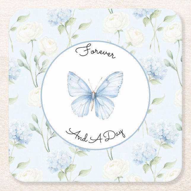 Pretty Blue Hyndrangea Flowers Wedding Square Paper Coaster (Front)