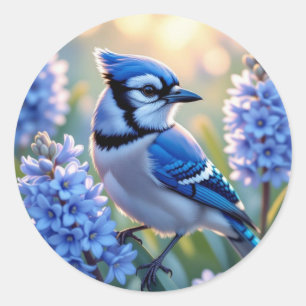 Pretty Blue Jay and Lilacs AI Illustration Classic Round Sticker