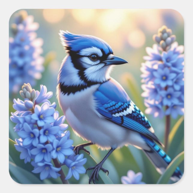 Pretty Blue Jay and Lilacs AI Illustration Square Sticker (Front)