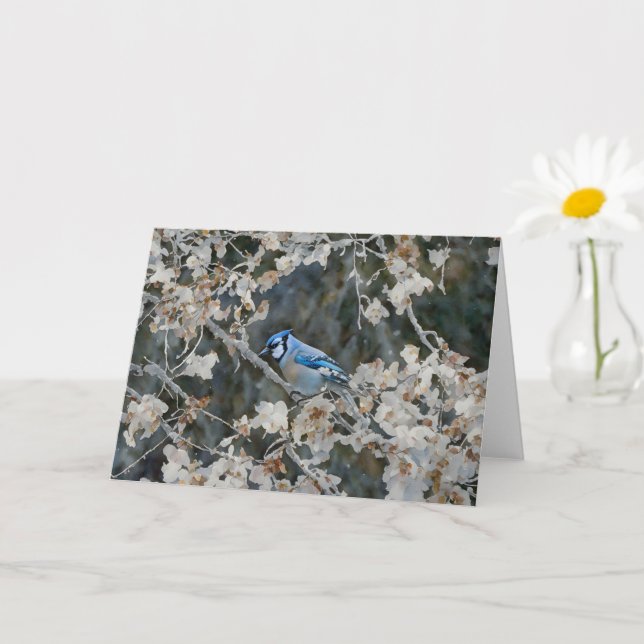 Pretty Blue Jay Bird in a Tree Fall Art Note Card (Small Plant)
