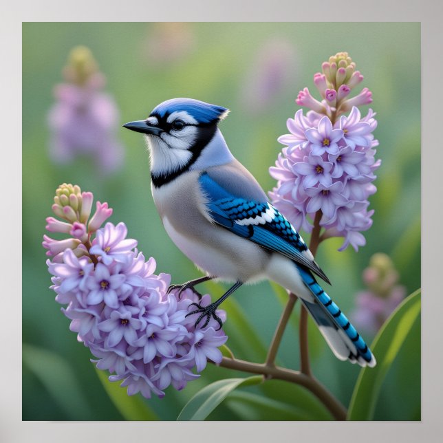 Pretty Blue Jay Standing on Lilac Branches Poster (Front)