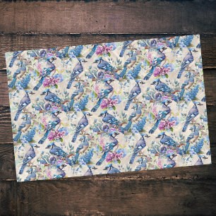 Pretty Blue Jays and Flowers on Vintage Ecru Tissue Paper