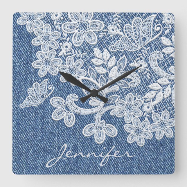Pretty Blue Jean Denim Lace Wall Clock (Front)