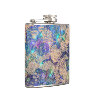 Pretty Blue Lace Roses Hip Flask