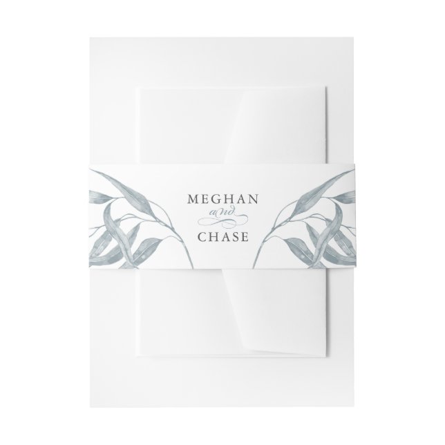 Pretty Blue Leafy Invitation Belly Band (Front Example)