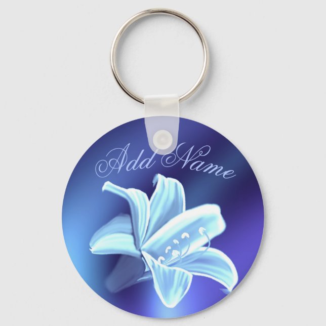 Pretty Blue Lily Flower Personalised Keychain (Front)
