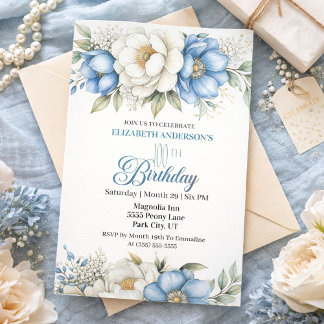 Pretty Blue Magnolia and Peony 100th Birthday Invitation