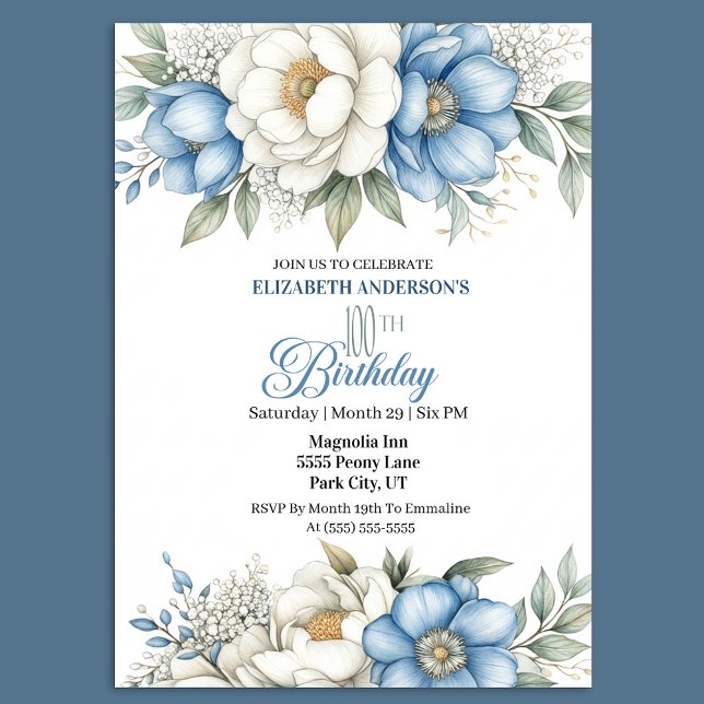 Pretty Blue Magnolia and Peony 100th Birthday Invitation (Creator Uploaded)