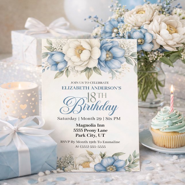 Pretty Blue Magnolia and Peony 18th Birthday Invitation (Creator Uploaded)