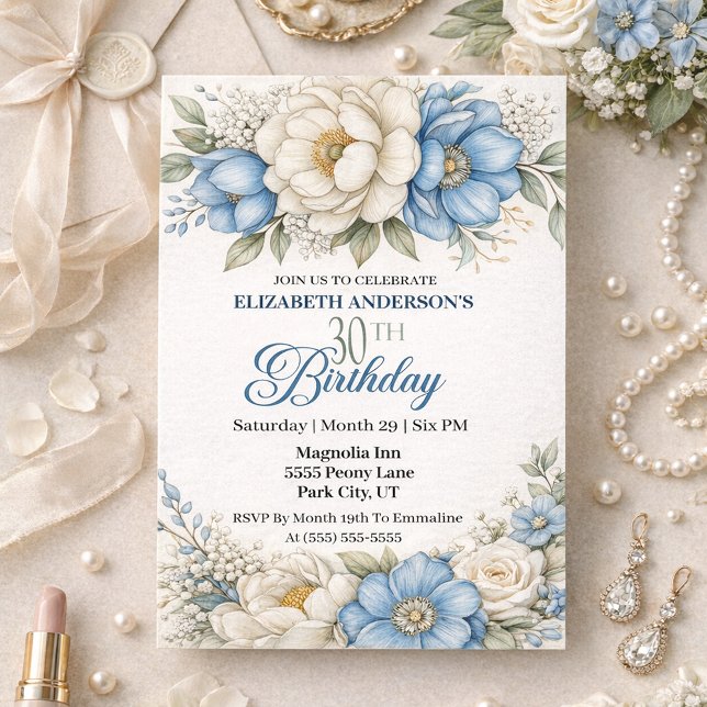 Pretty Blue Magnolia and Peony 30th Birthday Invitation (Creator Uploaded)