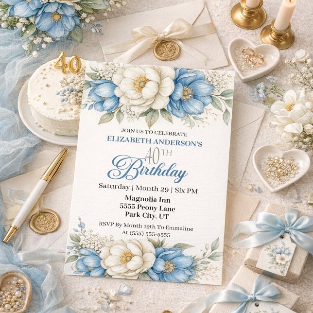 Pretty Blue Magnolia and Peony 40th Birthday Invitation (Creator Uploaded)