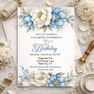 Pretty Blue Magnolia and Peony 70th Birthday Invitation