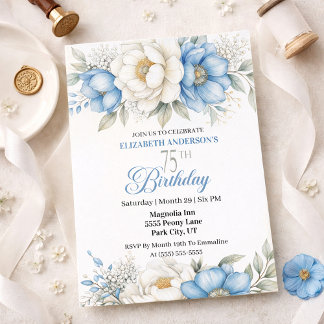 Pretty Blue Magnolia and Peony 75th Birthday Invitation