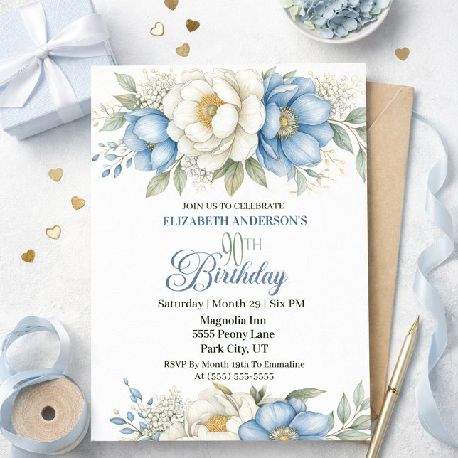 Pretty Blue Magnolia and Peony 90th Birthday Invitation (Creator Uploaded)