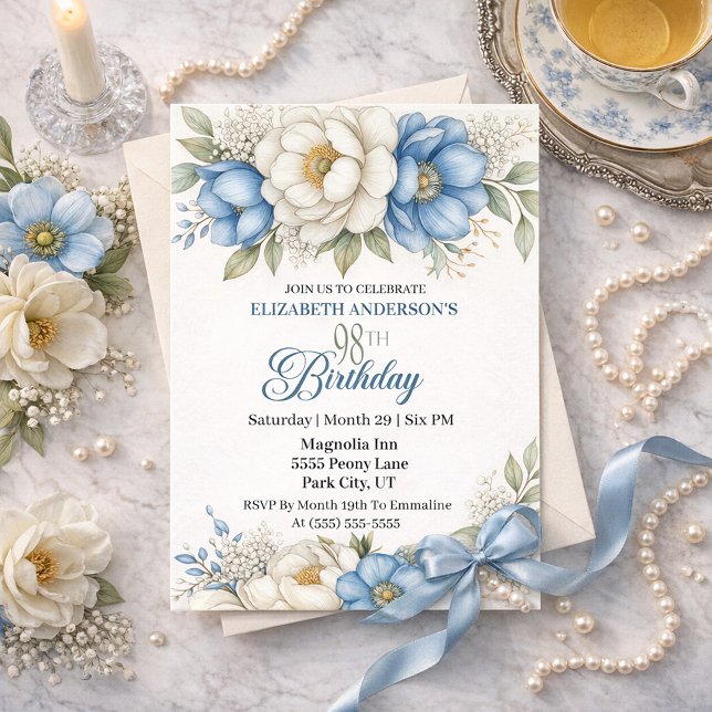 Pretty Blue Magnolia and Peony 98th Birthday Invitation (Creator Uploaded)