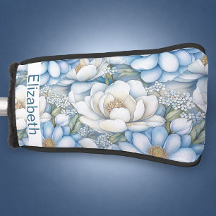 Pretty Blue Magnolia and Peony Personalised Golf Head Cover