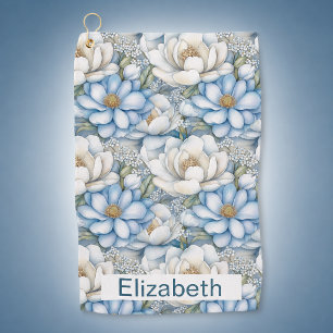 Pretty Blue Magnolia and Peony Personalised Golf Towel
