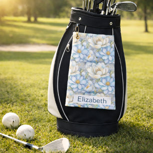 Pretty Blue Magnolia and Peony Personalised Golf Towel
