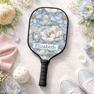 Pretty Blue Magnolia and Peony Personalized Pickleball Paddle
