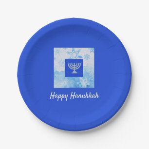 Pretty Blue Menorah Hanukkah Paper Plate