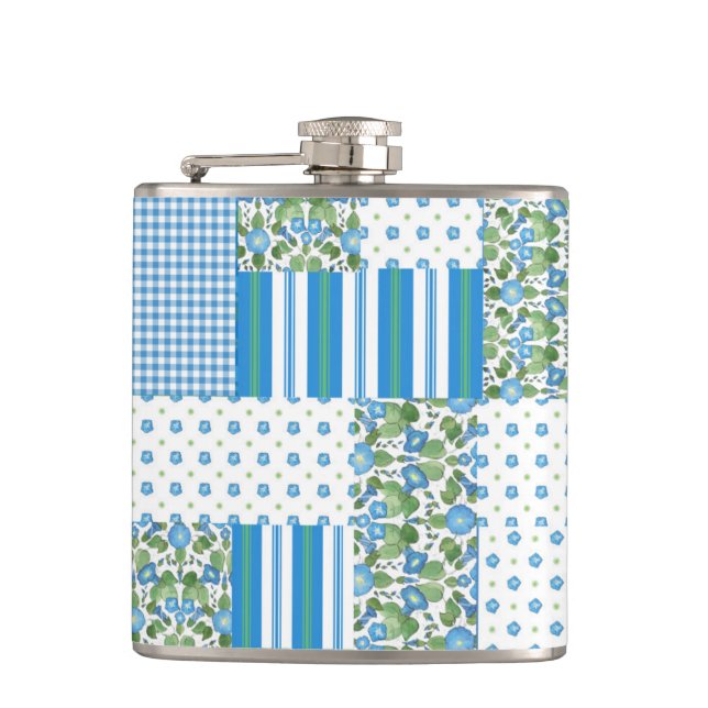 Pretty Blue Morning Glory Faux Patchwork Hip Flask (Front)