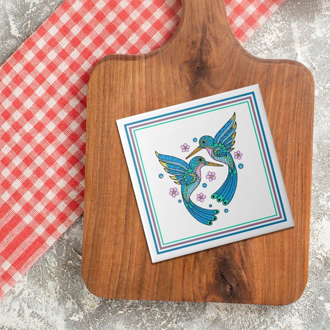 Pretty Blue Mosaic Hummingbirds Ceramic Tile (Creator Uploaded)