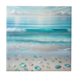 Pretty Blue Ocean Waves and Sea Glass Ceramic Tile