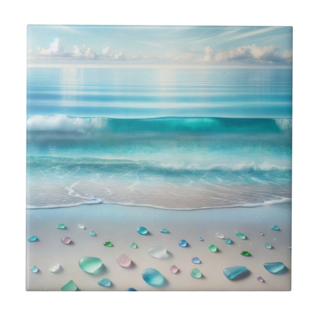 Pretty Blue Ocean Waves and Sea Glass  Ceramic Tile (Front)