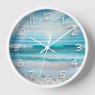 Pretty Blue Ocean Waves and Sea Glass Clock