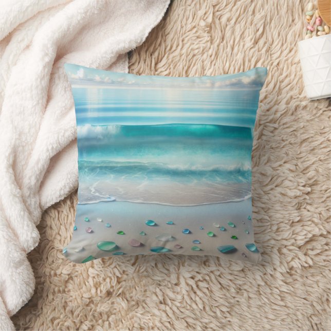 Pretty Blue Ocean Waves and Sea Glass  Cushion (Blanket)