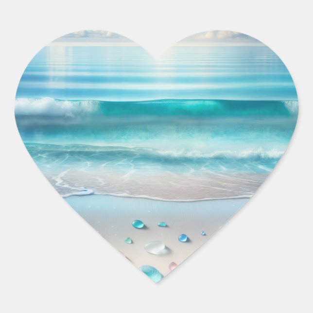 Pretty Blue Ocean Waves and Sea Glass  Heart Sticker (Front)