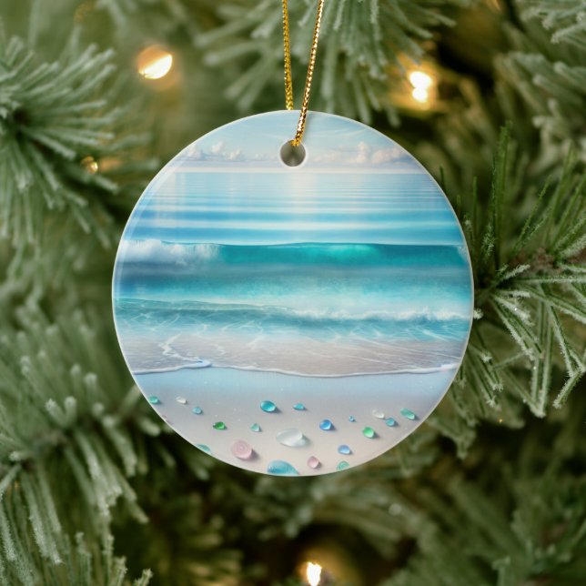 Pretty Blue Ocean Waves and Sea Glass Personalised Ceramic Ornament (Tree)