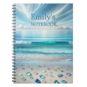 Pretty Blue Ocean Waves and Sea Glass Personalised Notebook