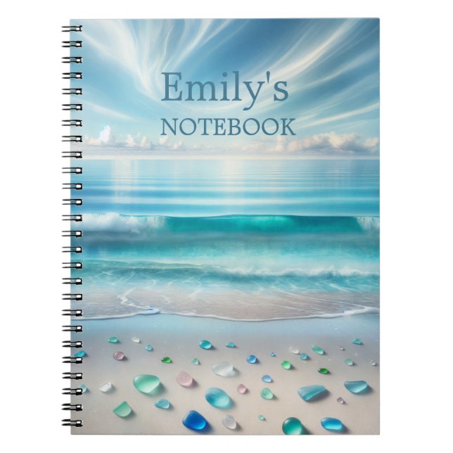 Pretty Blue Ocean Waves and Sea Glass Personalised Notebook (Front)