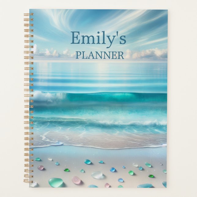 Pretty Blue Ocean Waves and Sea Glass Personalised Planner (Front)