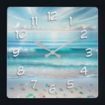 Pretty Blue Ocean Waves and Sea Glass  Square Wall Clock<br><div class="desc">Beautiful blue ocean waves on a sandy beach with blue and teal sea glass and blue cloudy skies.</div>