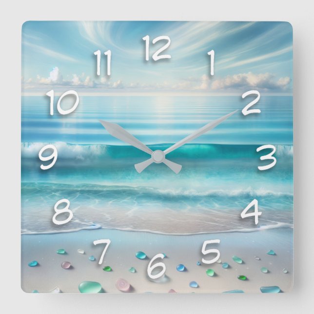 Pretty Blue Ocean Waves and Sea Glass  Square Wall Clock (Front)