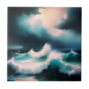 Pretty Blue Ocean waves painting Ceramic Tile