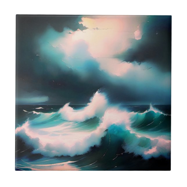 Pretty Blue Ocean waves painting Ceramic Tile (Front)