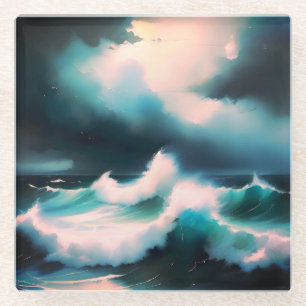 Pretty Blue Ocean waves painting Glass Coaster