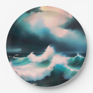 Pretty Blue Ocean waves painting Paper Plate