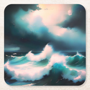 Pretty Blue Ocean waves painting Square Paper Coaster