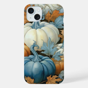 PRETTY BLUE ORANGE WHITE FALL AUTUMN PUMPKINS iPhone 15 PLUS CASE