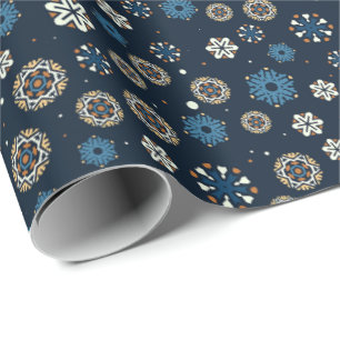 Pretty Blue Orange White Scandinavian Snowflakes Wrapping Paper