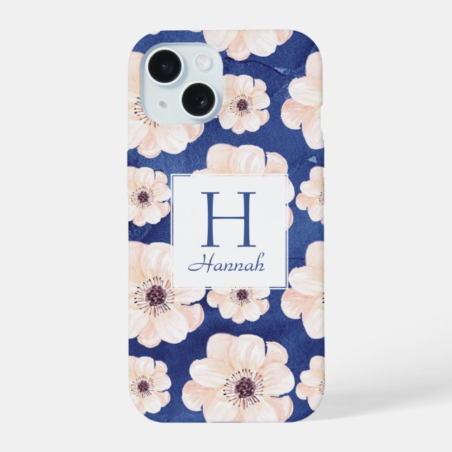 Pretty Blue Peach Floral Pattern Monogram iPhone 15 Case (Back)