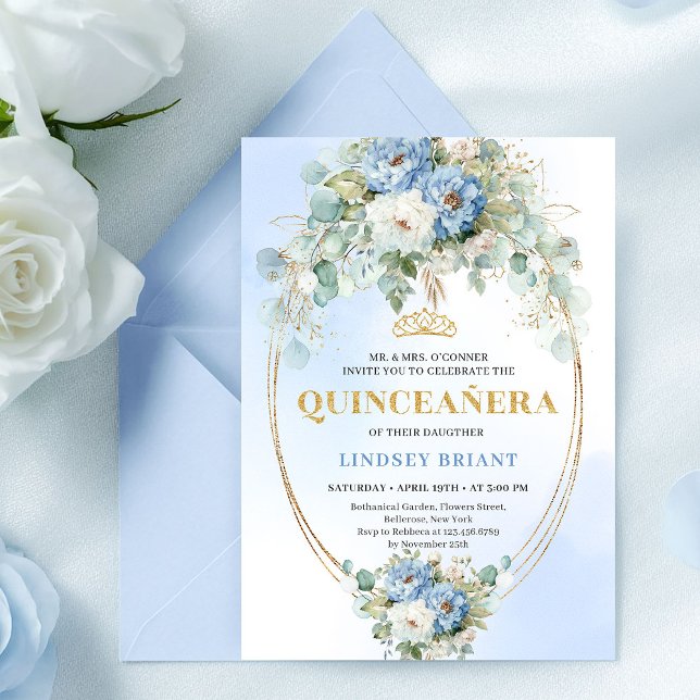 Pretty Blue Peony Gold Floral Quinceañera Invite (Pretty Blue Peony Gold Floral Quinceañera Invite)