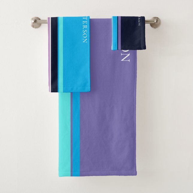 Pretty Blue & Periwinkle Line Style Personalised Bath Towel Set (Insitu)